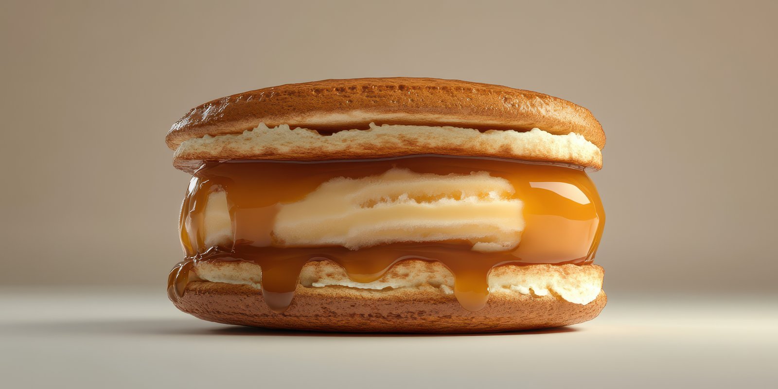Delightful dessert treat featuring two cookies with a creamy filling and caramel drizzle on top in a simple setting